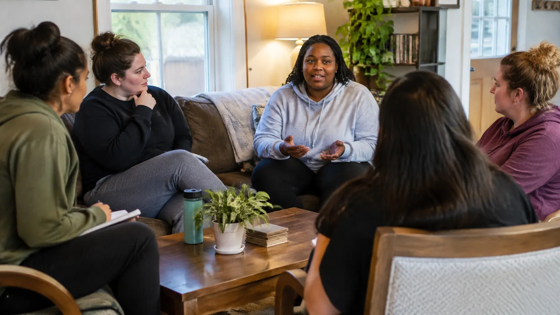 A small group of women in a sober living house meeting discussing goals and accountability