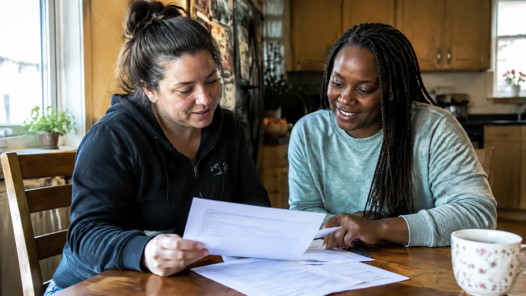 Two women reviewing a housing form together at a kitchen table in a recovery home