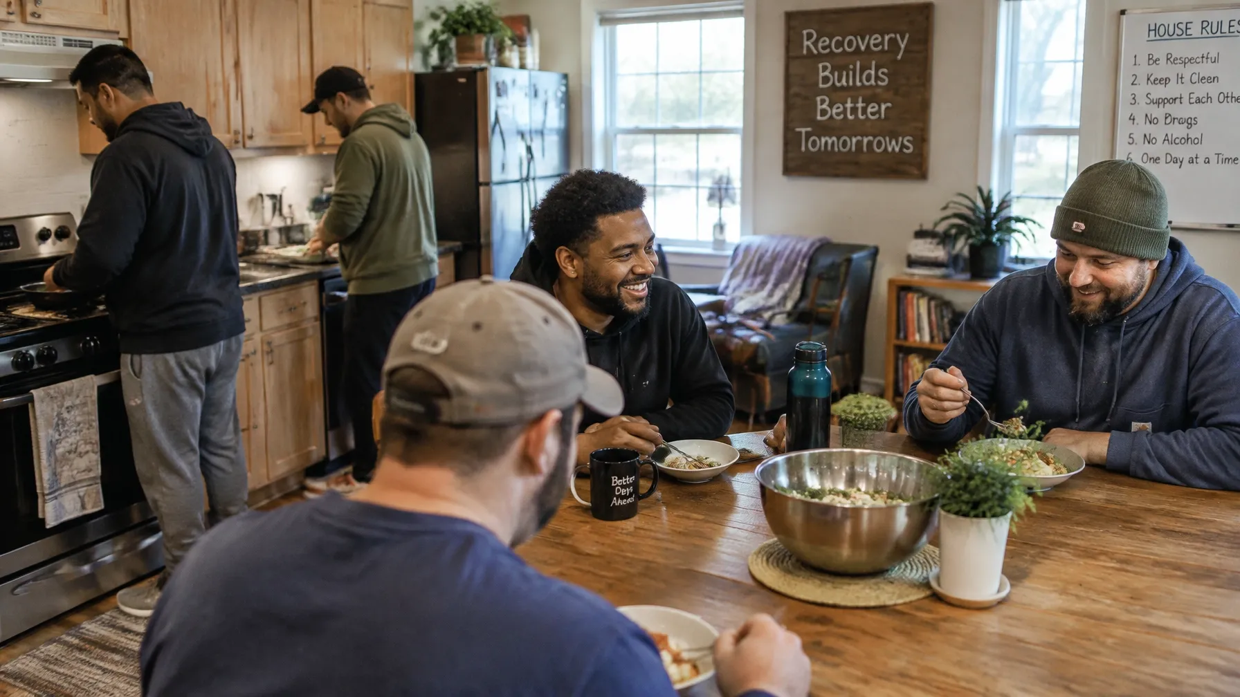 Adult male residents preparing a simple meal together in a recovery residence kitchen