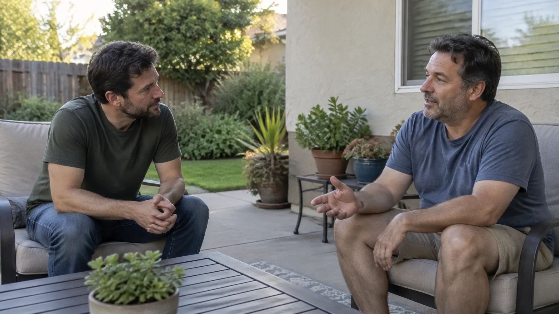 Two men talking together on the patio of a house