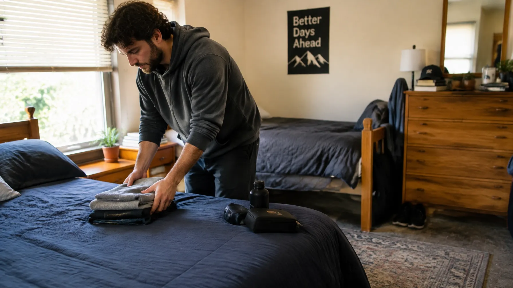 Adult male resident settling into a furnished shared bedroom in a recovery residence