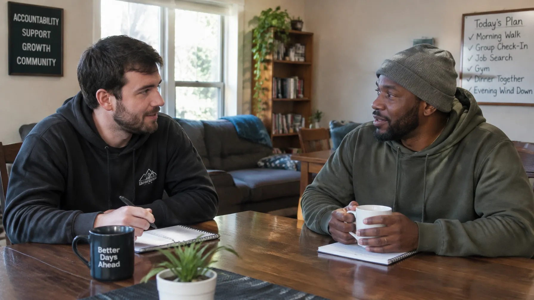 Two adult male residents having a quiet conversation in a recovery residence common area