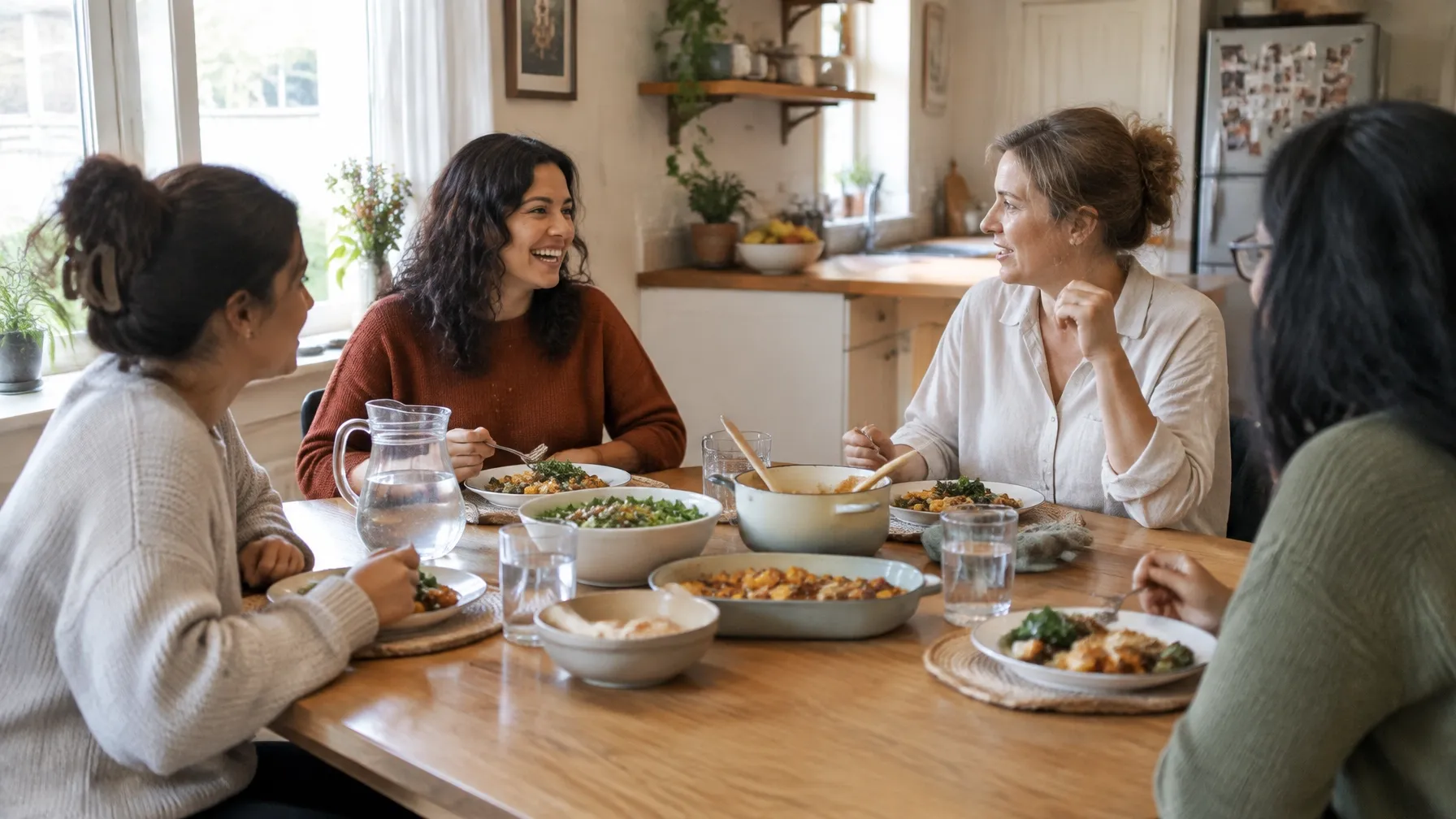 Four women sharing a meal and conversation around a dining table