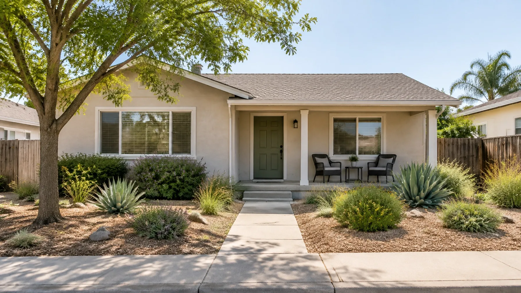 Southern California residence exterior on a sunny day, shown without any street address