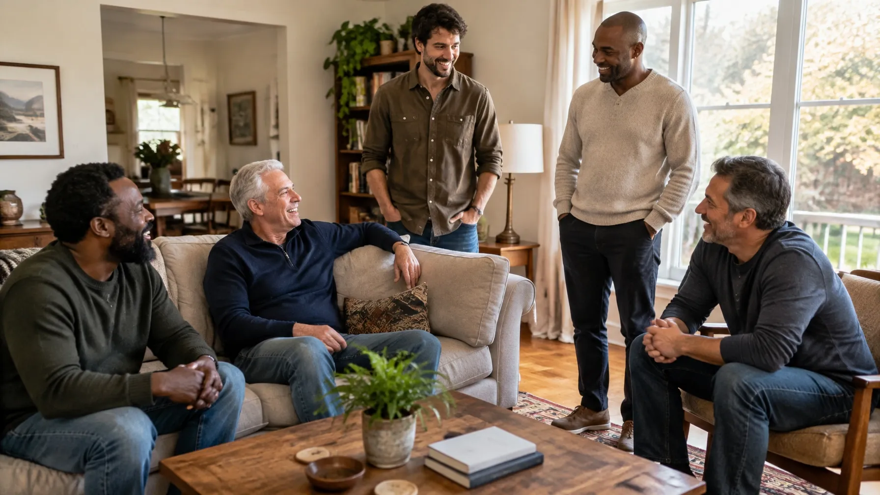 Five men of different ages talking together in a common room