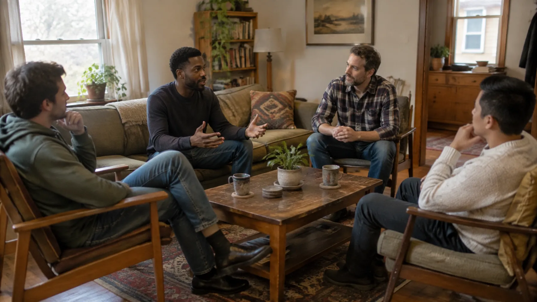 Small group seated in a circle of chairs during a house check-in meeting