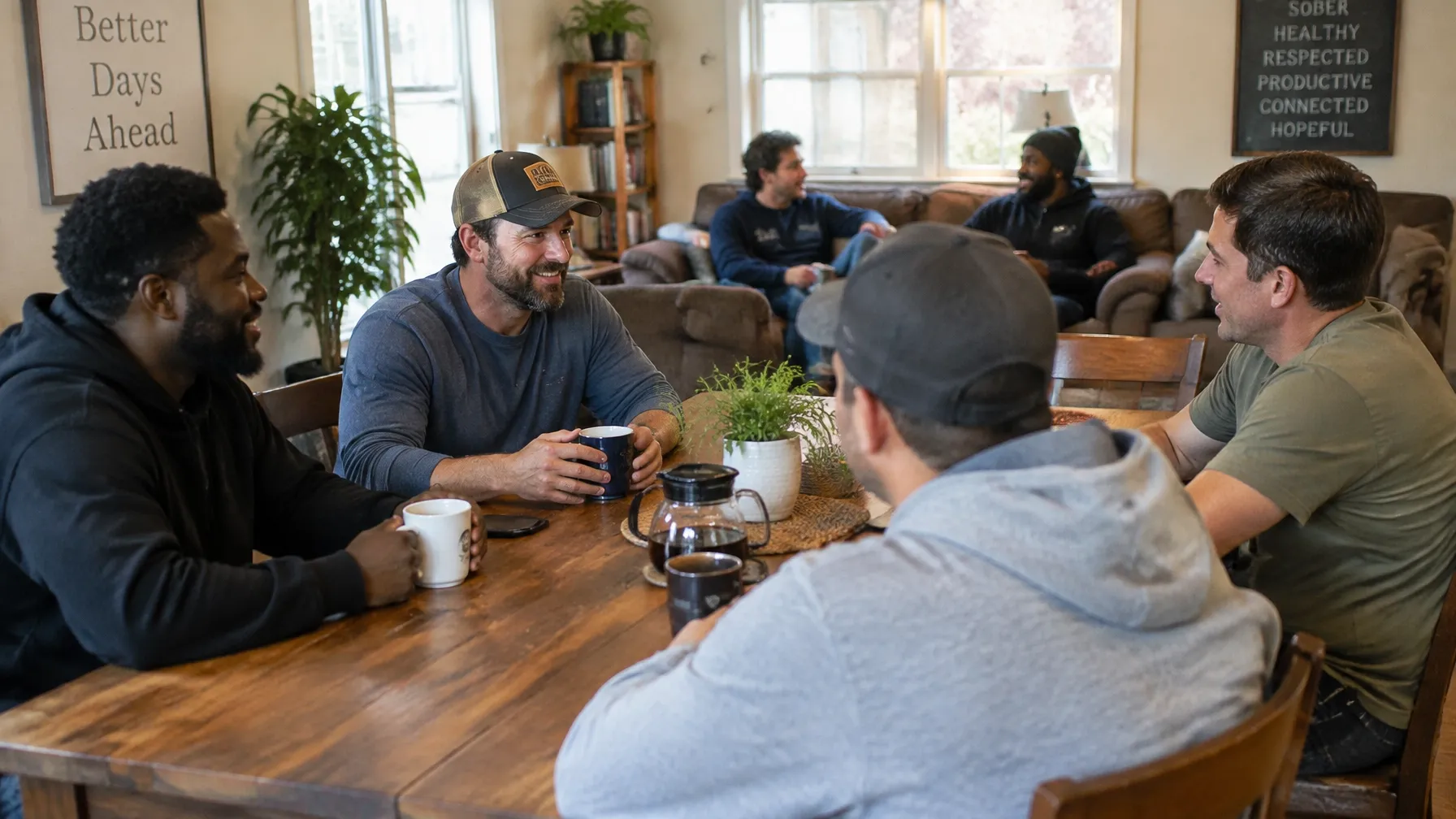 Adult male residents sharing morning coffee in a recovery residence dining area with natural light
