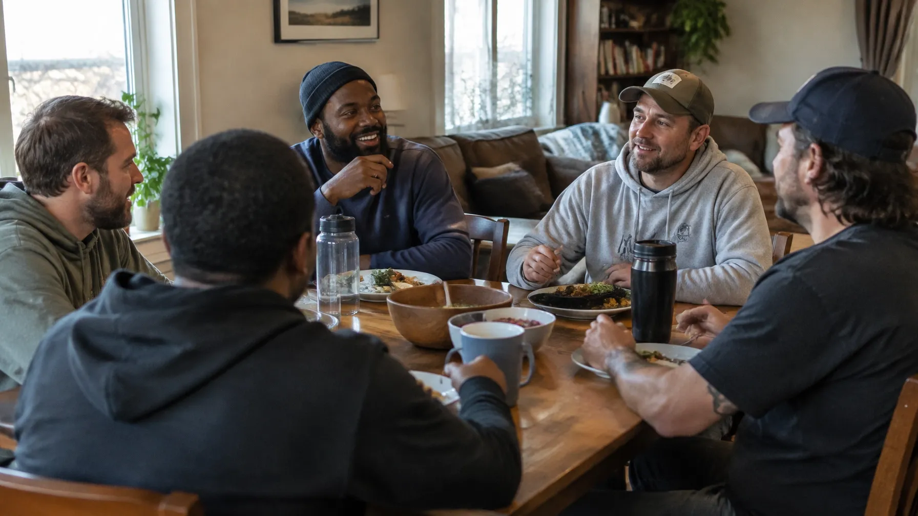 Small group of adult men sharing a meal and conversation in a recovery house common area with natural light