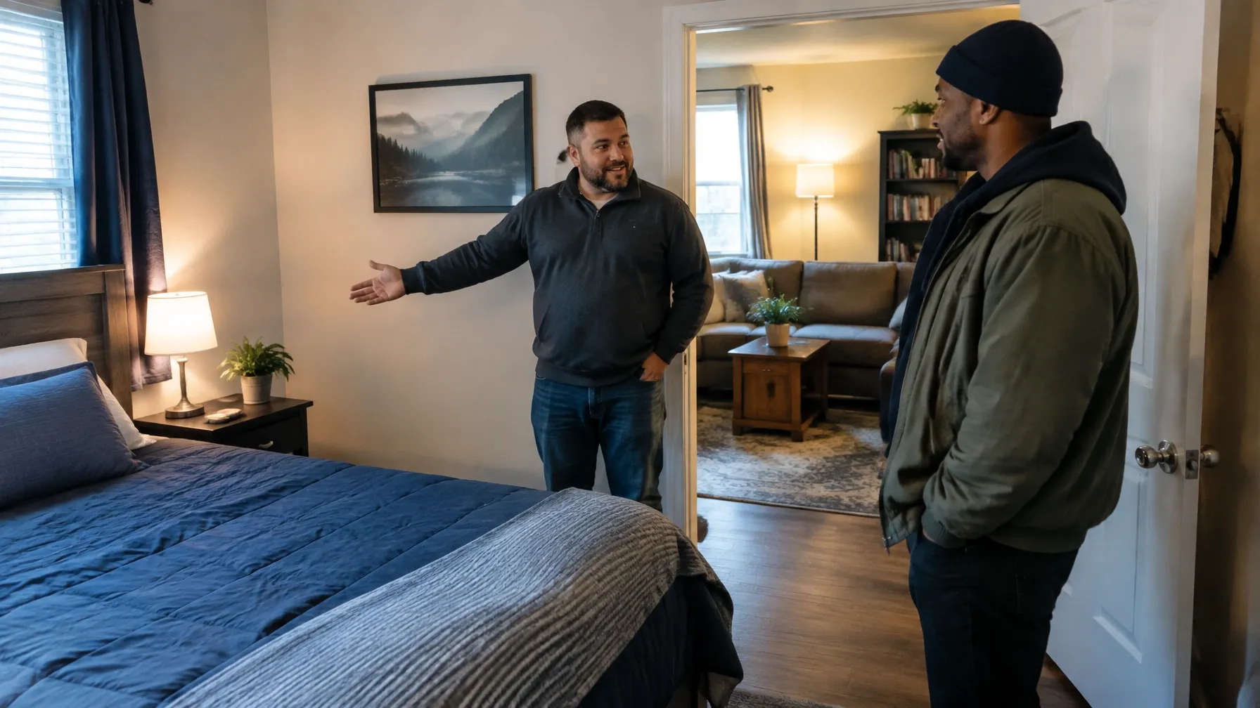 Two men touring a sober living home bedroom and common space in natural light