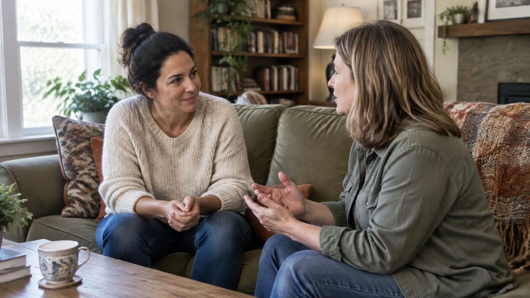 Two women having a supportive one-on-one conversation on a sofa