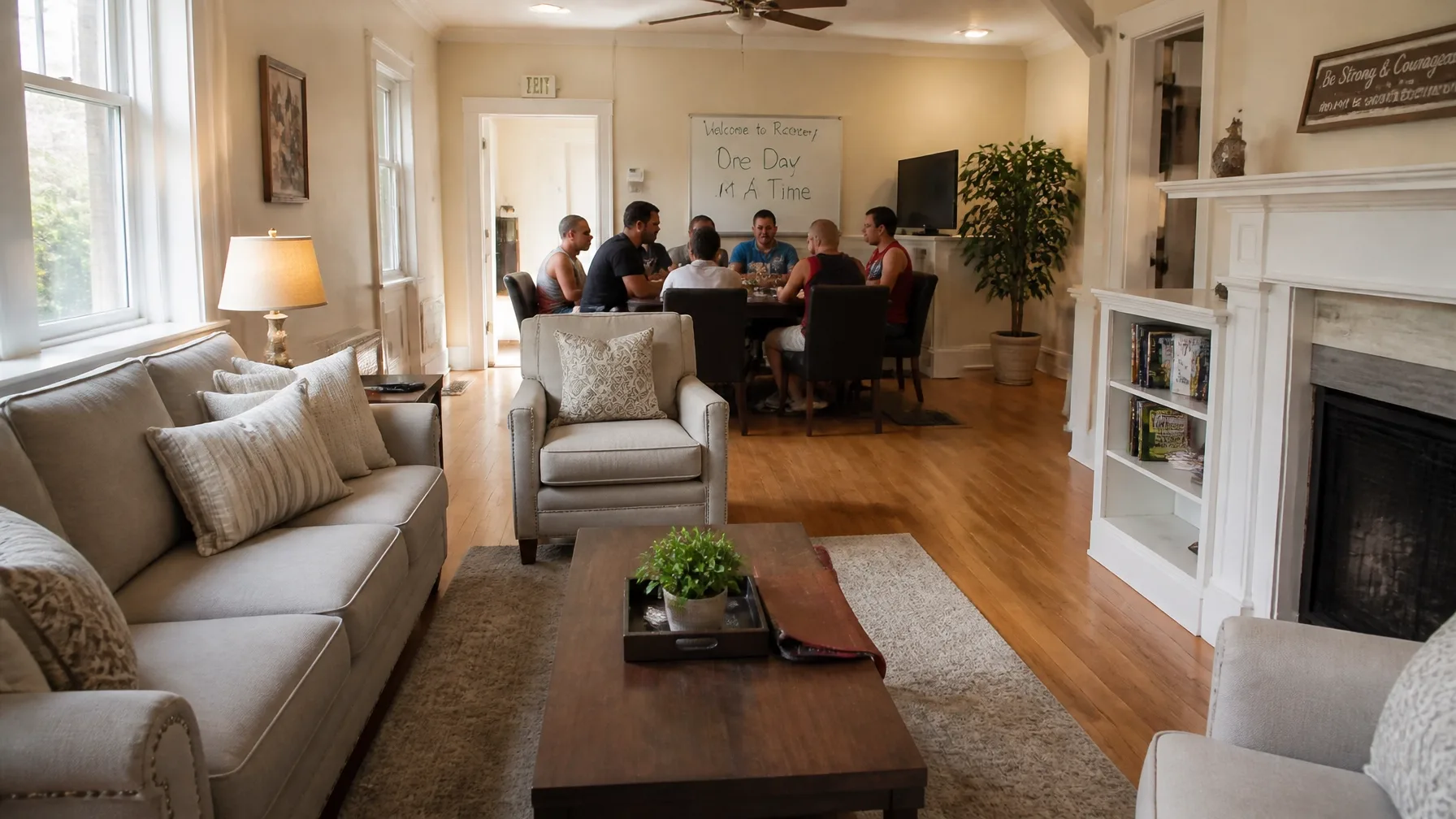 A sunlit, welcoming recovery residence living room with people talking in the background
