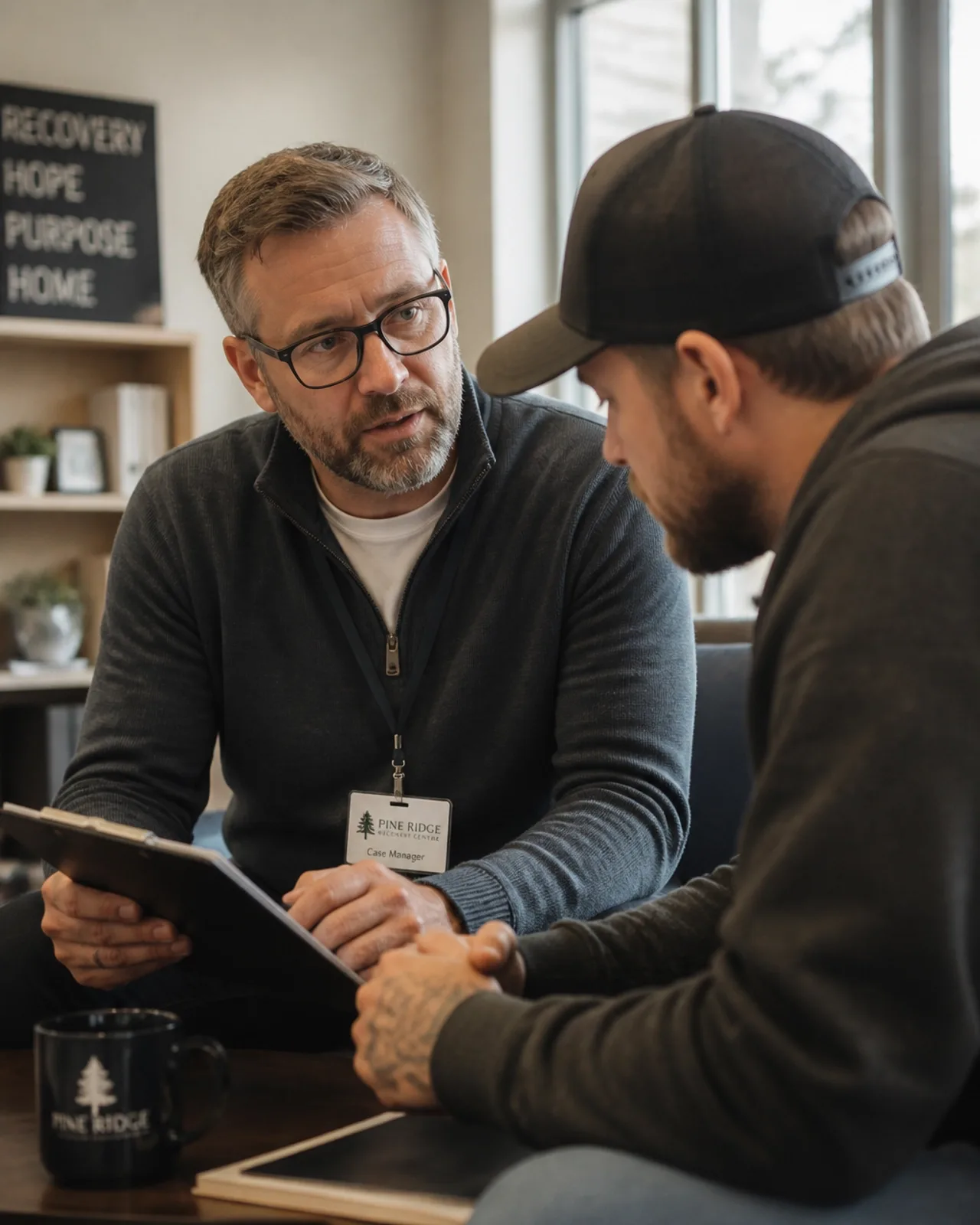A professional mentor and a resident discussing a plan in a bright office setting