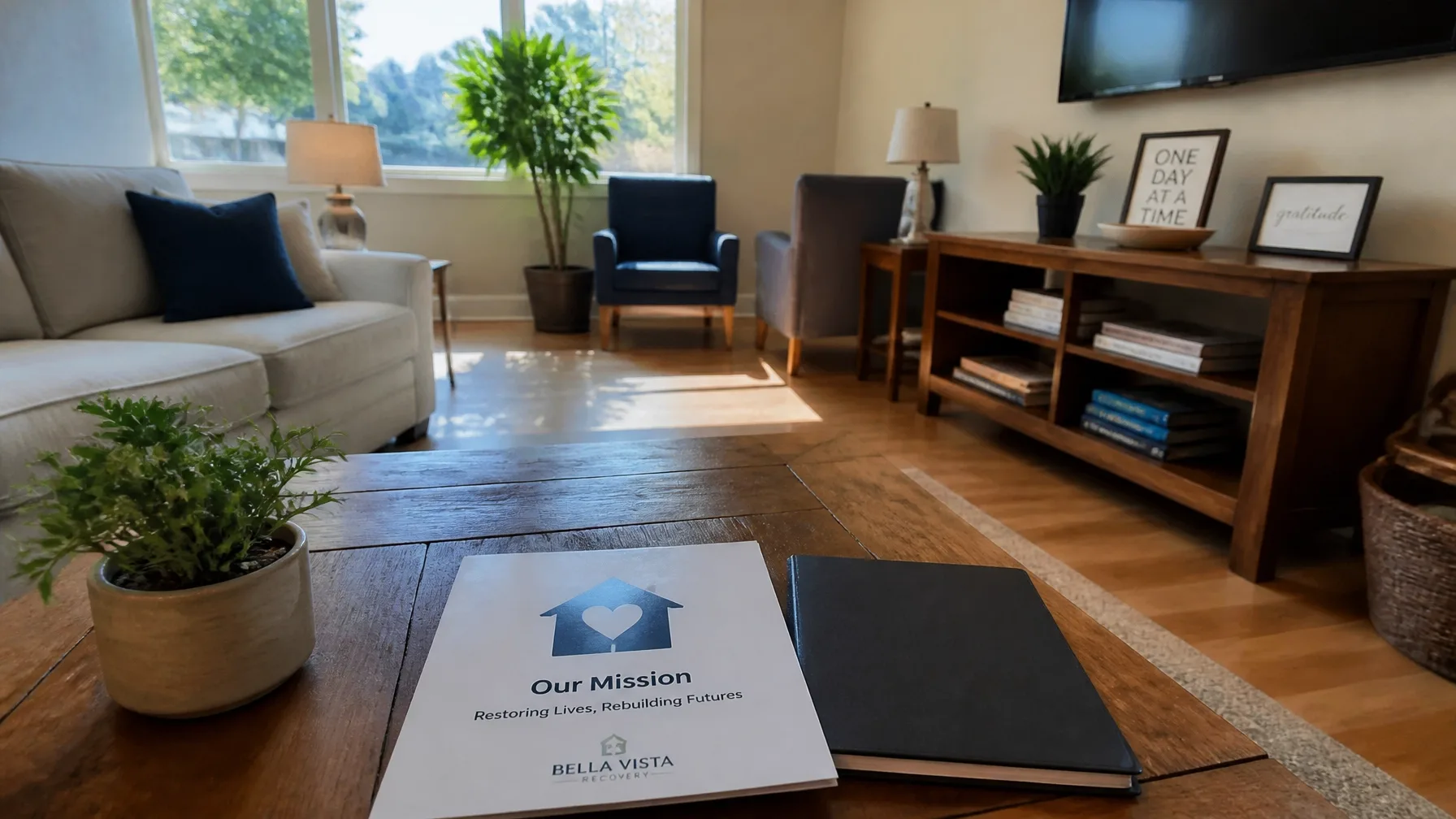 A clean, bright, and welcoming residential recovery home living room in San Diego, representing a safe space for post-hospital discharge.