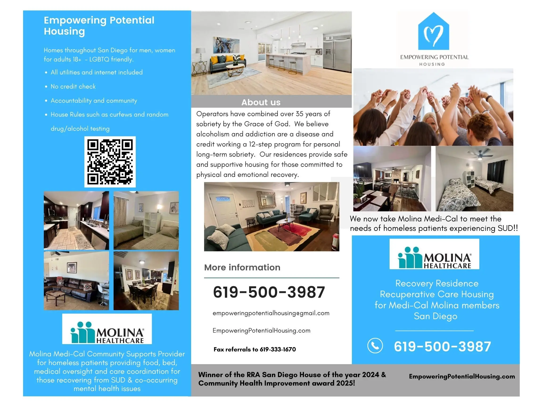 Empowering Potential Housing flyer detailing services, including LGBTQ-friendly and Medi-Cal partnerships