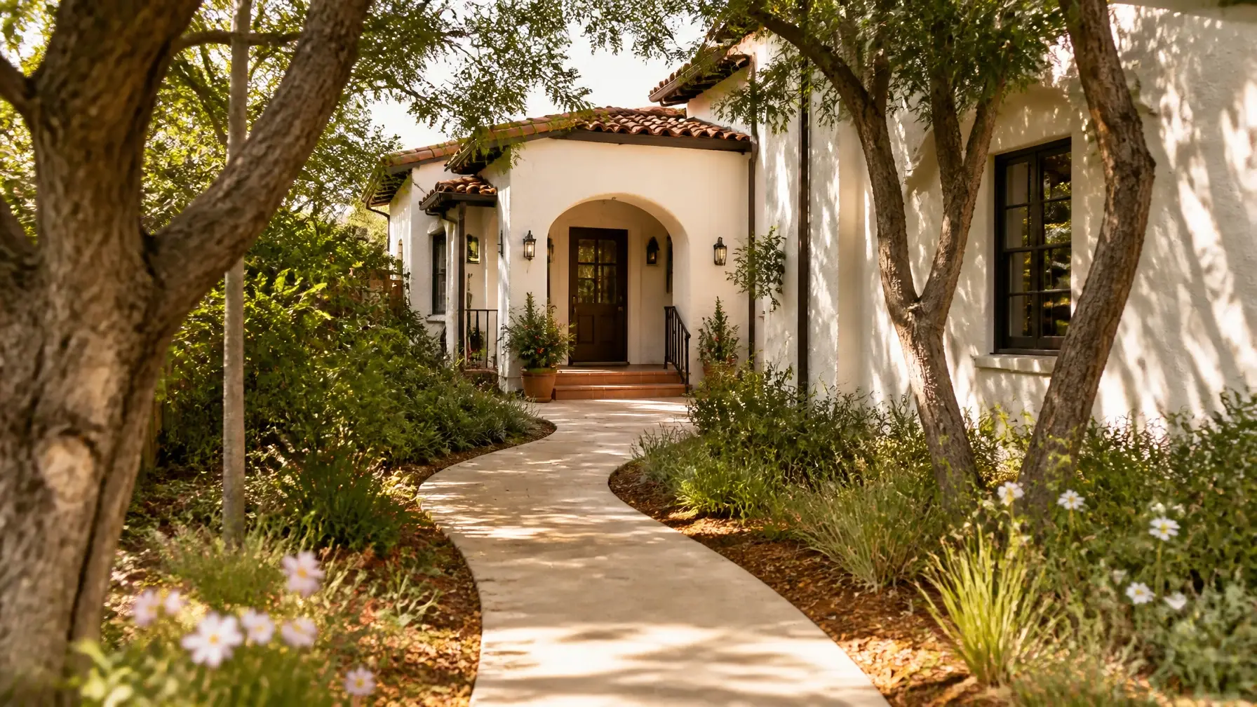 A realistic, documentary-style photograph of a paved garden path leading to a bright, welcoming California-style home. The scene is shot from a medium-wide perspective with natural, warm sunlight filtering through nearby trees.