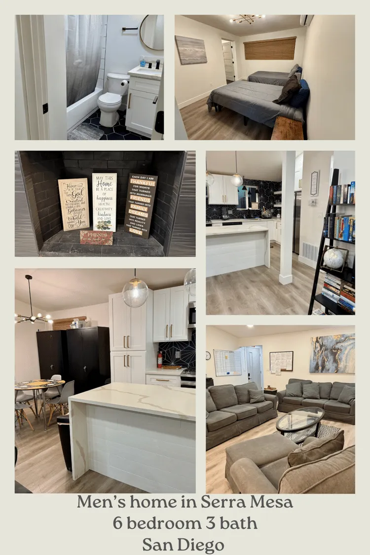 Furnished rooms and common areas at the Fermi recovery home in Serra Mesa